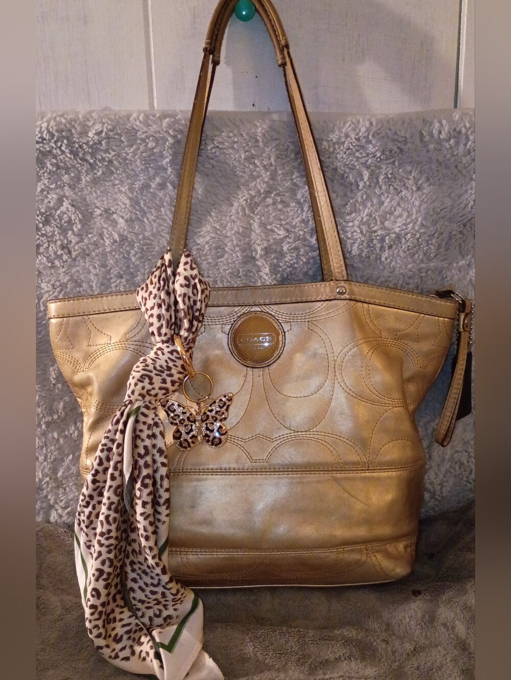 Coach Metallic Gold Tote with Butterfly Charm and Scarf